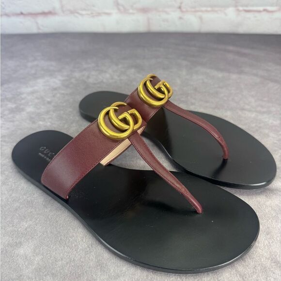 Authentic Gucci Bordeaux Gg Marmont Leather Thongs 37 - Picture 1 of 14